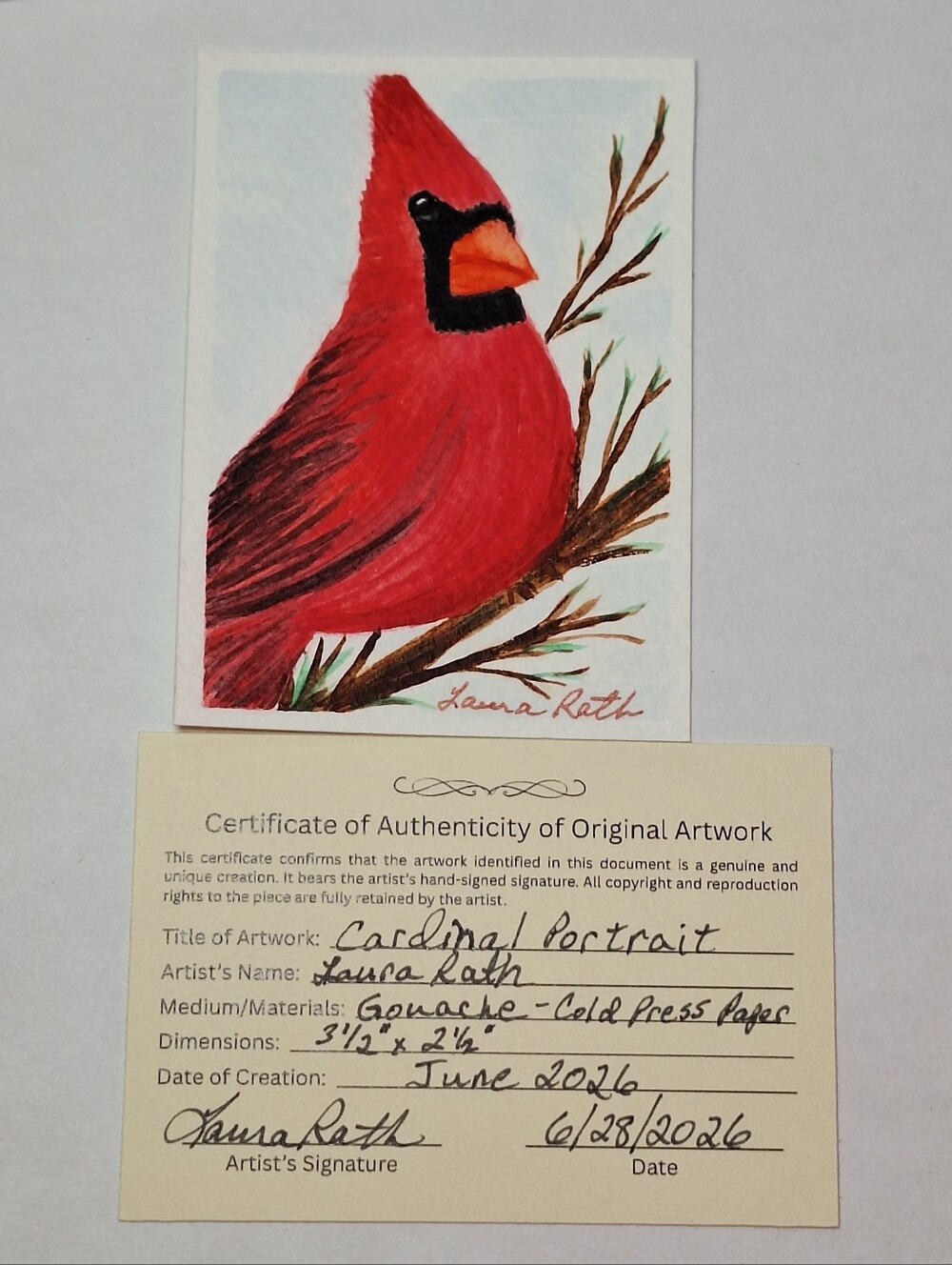 "Cardinal Portrait" Hand-painted gouache painting (Tiny original artwork!) - Picture 6 of 9